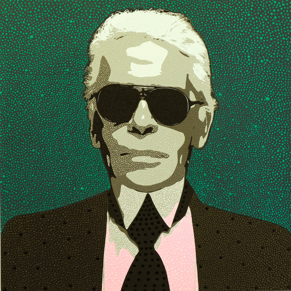 Pointillist Portrait of Karl Lagerfeld from Dot Pop by Philip Tsiaras at Hg Contemporary Gallery in Chelsea