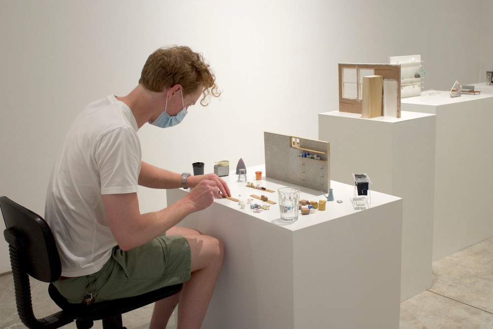 Kevin Frances working on his installation Superpositions at George Adams Gallery, July 2020.
