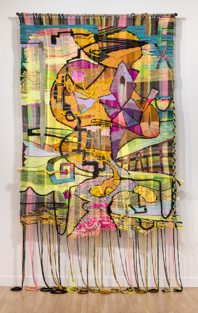 Terri Friedman, IN/HALE/EX, 2019. Wool, cotton, acrylic, metallic, hemp, chenille fibers, 130 x 75 inches.