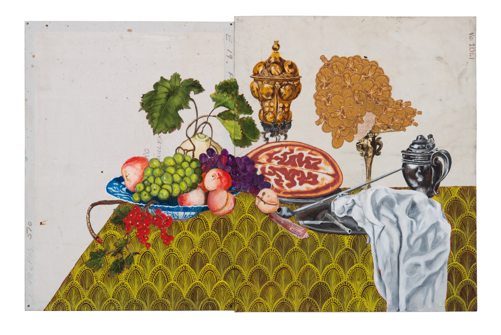 Katherine Sherwood, ‘Ham and Pewter (after M.V.O.),’ 2022. Mixed media on found material.