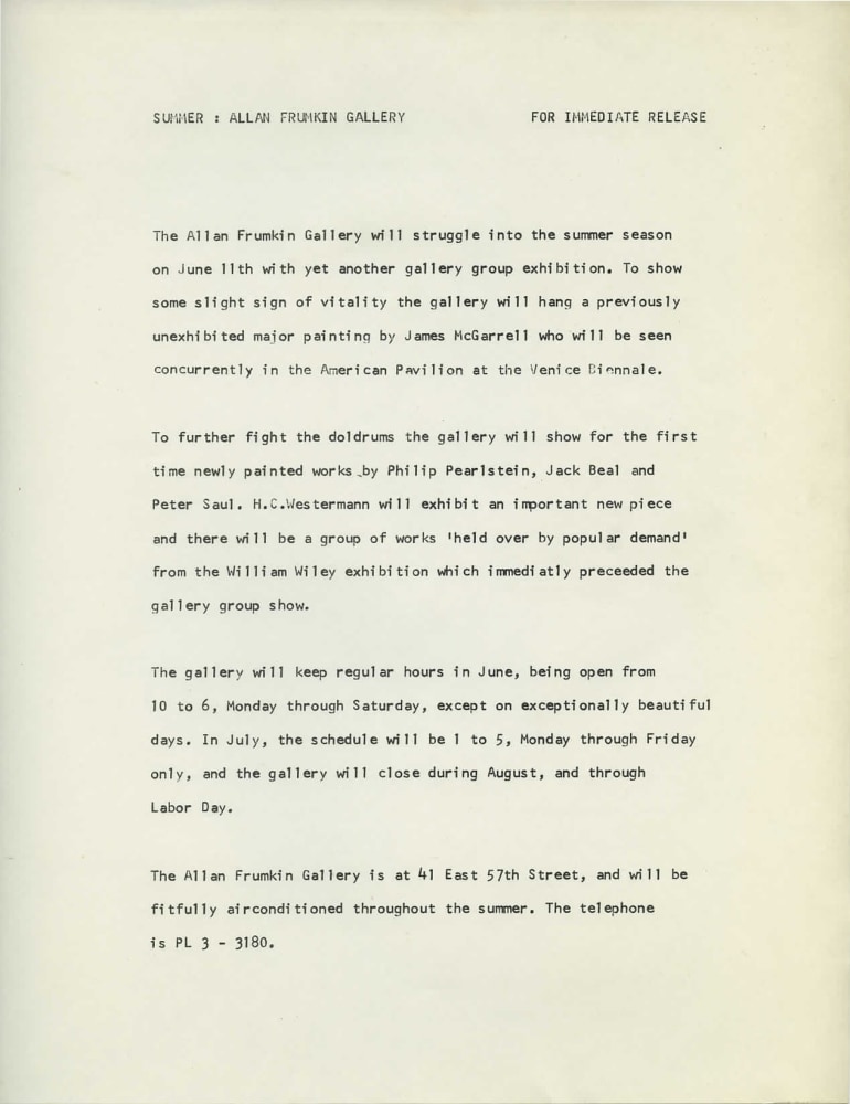 Press release for Summer exhibition at Allan Frumkin Gallery, New York, 1968.

Image courtesy of the George Adams Gallery Archives.