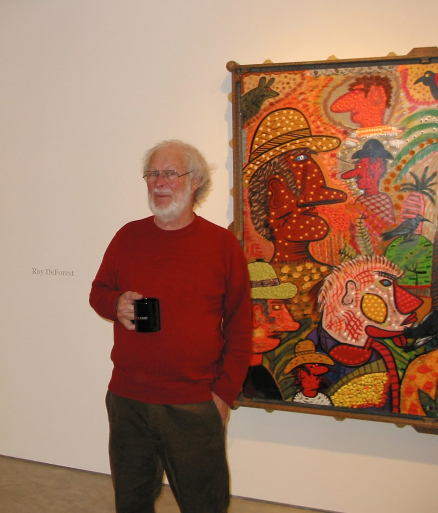 Roy De Forest in front of North of Patagonia during the opening reception of&amp;nbsp;New Paintings&amp;nbsp;at George Adams Gallery, 2005.