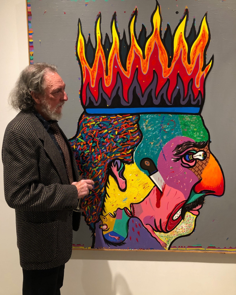 Luis Cruz Azaceta at the opening of his solo exhibition at the gallery, 'Personal Velocity: 40 Years of Painting,' George Adams Gallery, New York, NY, 2020.