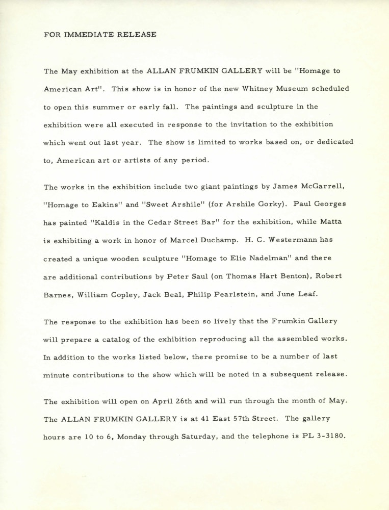 Press release for the exhibition ‘Homage to American Art’ at Allan Frumkin Gallery, May 1966.
