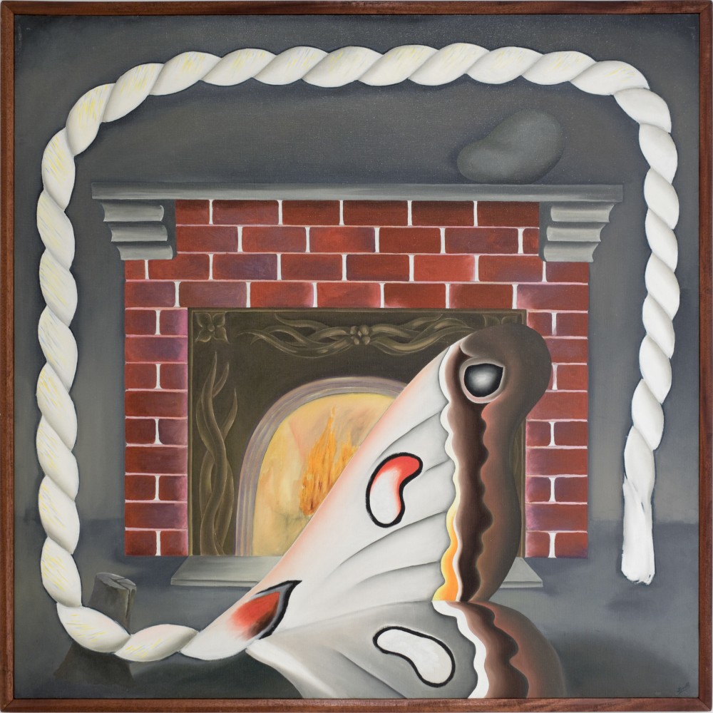 Joanna Beall Westermann, Fireplace with Rope, 1970. Oil on canvas, 49 1/2 x 50 inches.
