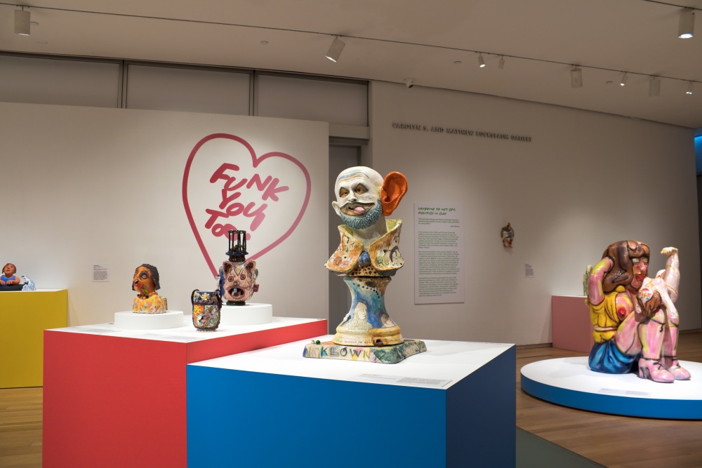 Installation view of 'Funk You Too! Humor and Irreverence in Ceramic Sculpture,' Museum of Arts and Design, New York, 2023.