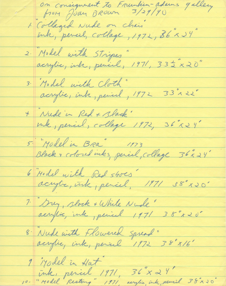 Handwritten checklist of drawings by Joan Brown