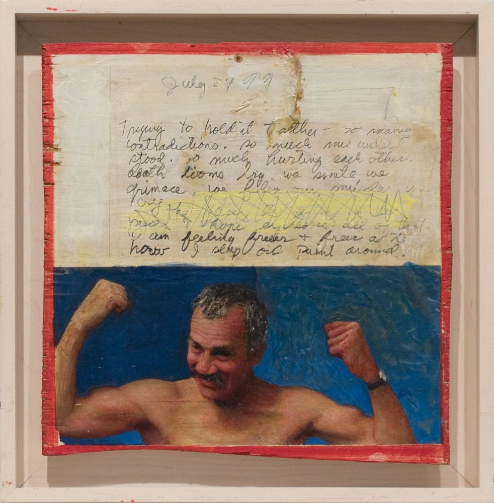 Gregory Gillespie, Self Portrait with Journals, 1999. Oil, ink and paper on panel, 11 1/8 x 11 1/4 inches.