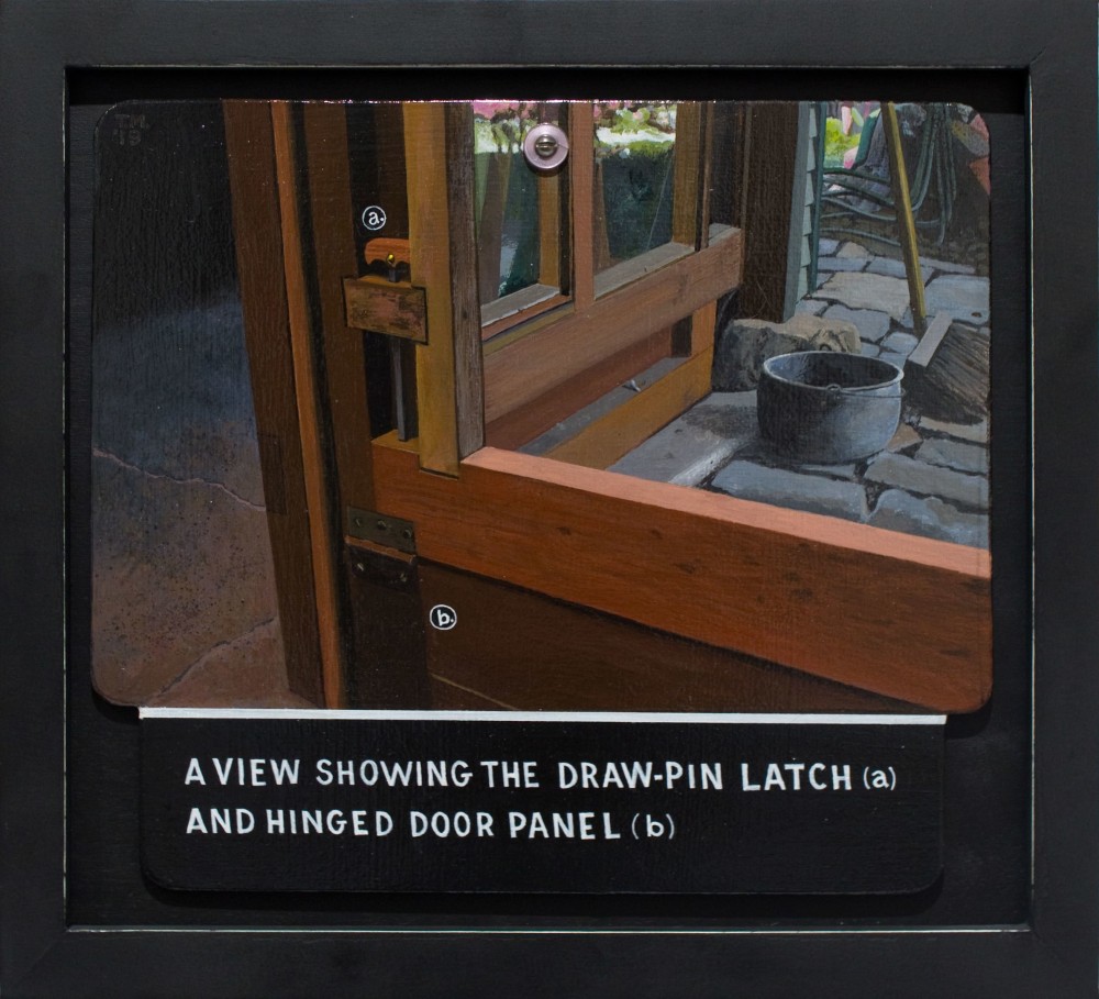 Tony May, A View Showing the Draw-Pin Latch (a) and Hinged Door Panel (b), 2018. Acrylic on panel in artist-made frame, 10 x 11 inches.