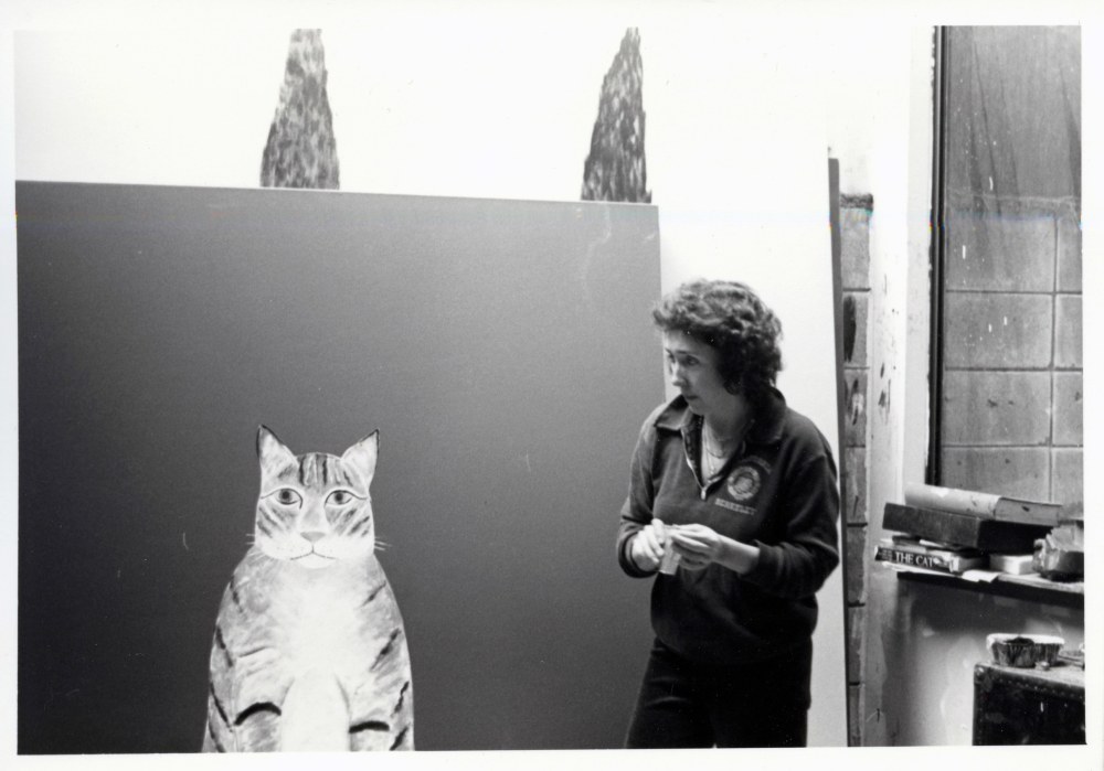 Joan Brown in her studio with Portrait of Toby the Cat,&amp;nbsp;1980.

Image courtesy the George Adams Gallery archives, photo: J. Martin.