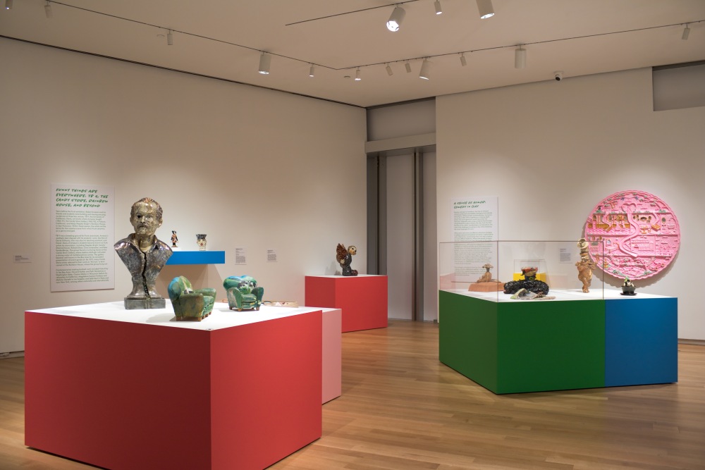 Installation view of 'Funk You Too! Humor and Irreverence in Ceramic Sculpture,' 2023.