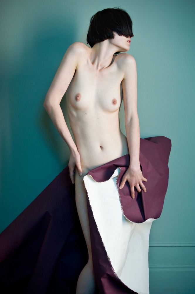 Sophie Delaporte, Nudes, woman, Model clutching purple paper, 2010, Sous Les Etoiles Gallery