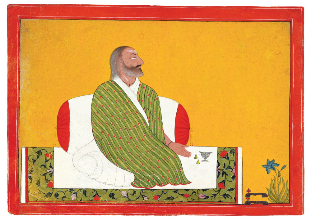 Indian miniature painting of a man sitting on an embroidered blanket against a yellow background