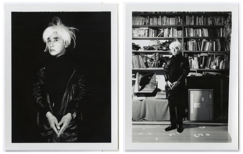 2 black and white photos of an artist dressed like Andy Warhol