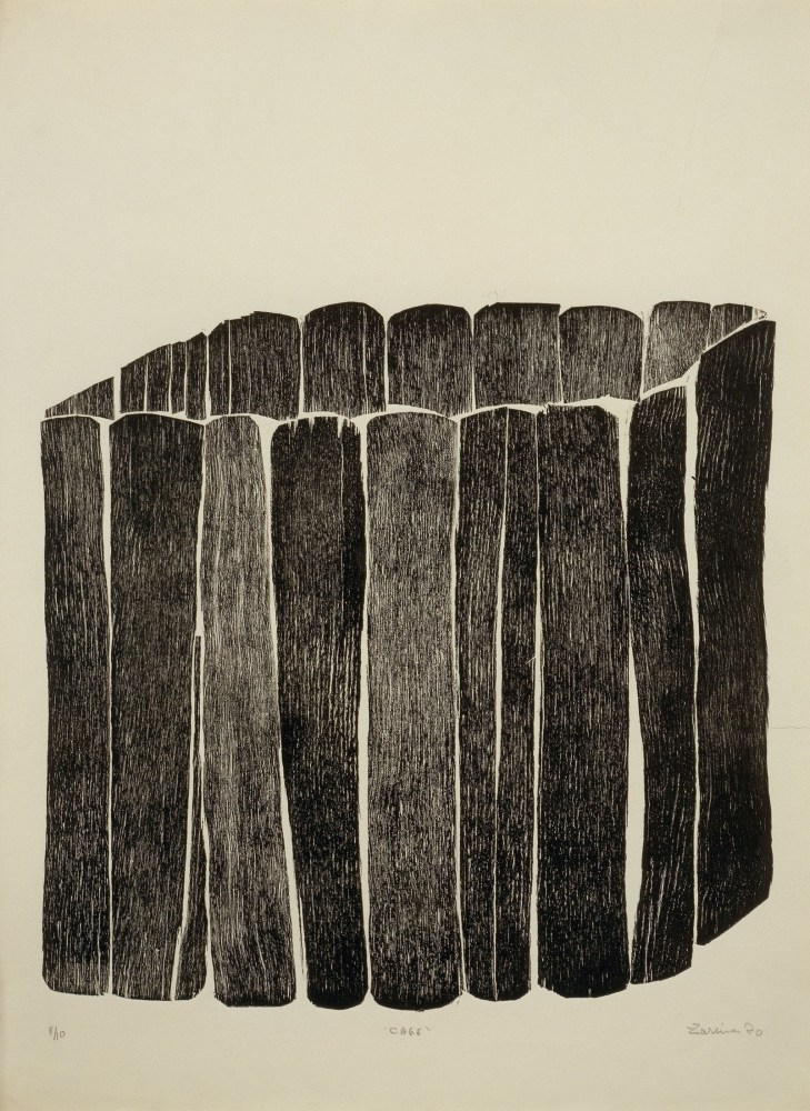 Zarina, Cage,&amp;nbsp;1970, Relief print from collaged wood, printed in black on Indian handmade paper, 30 x 22 inches (76.2 x 55.88 cm)