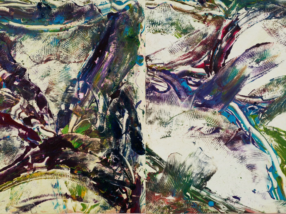 Abstract painting with blue, purple and green marks