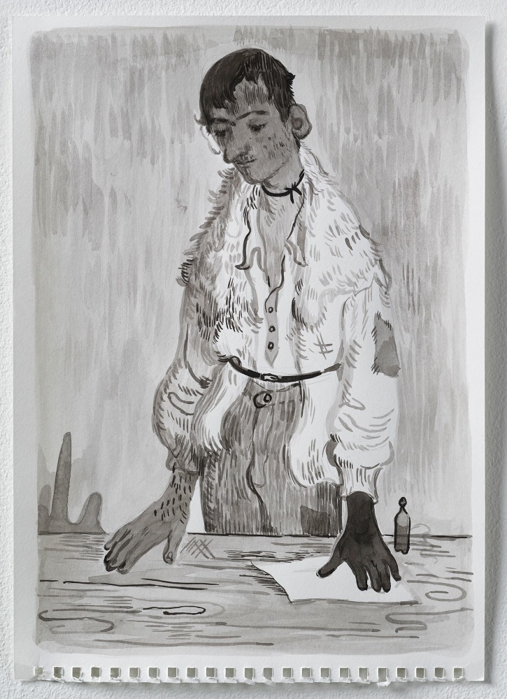 Salman Toor, Man in Fur Collar and Ribbon,&amp;nbsp;2021, Ink on watercolour paper, 11 3/4 x 8 inches (29.7 x 21 cm)