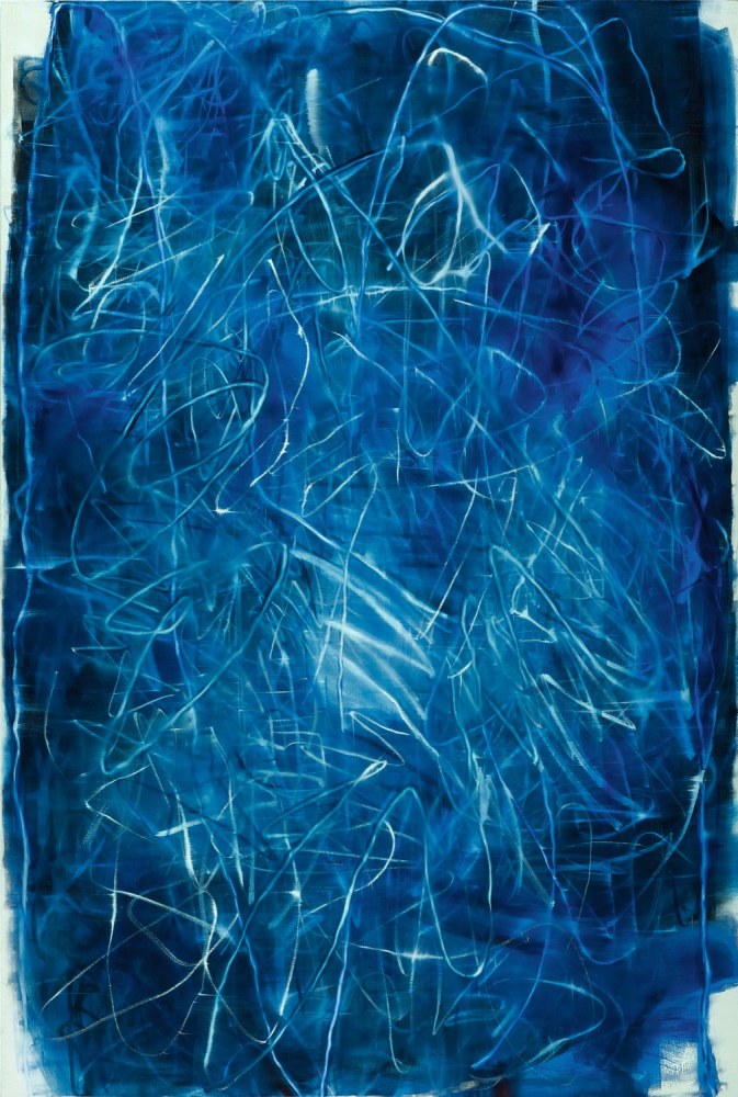 Abstract blue painting with while overlapping lines in scribbled form