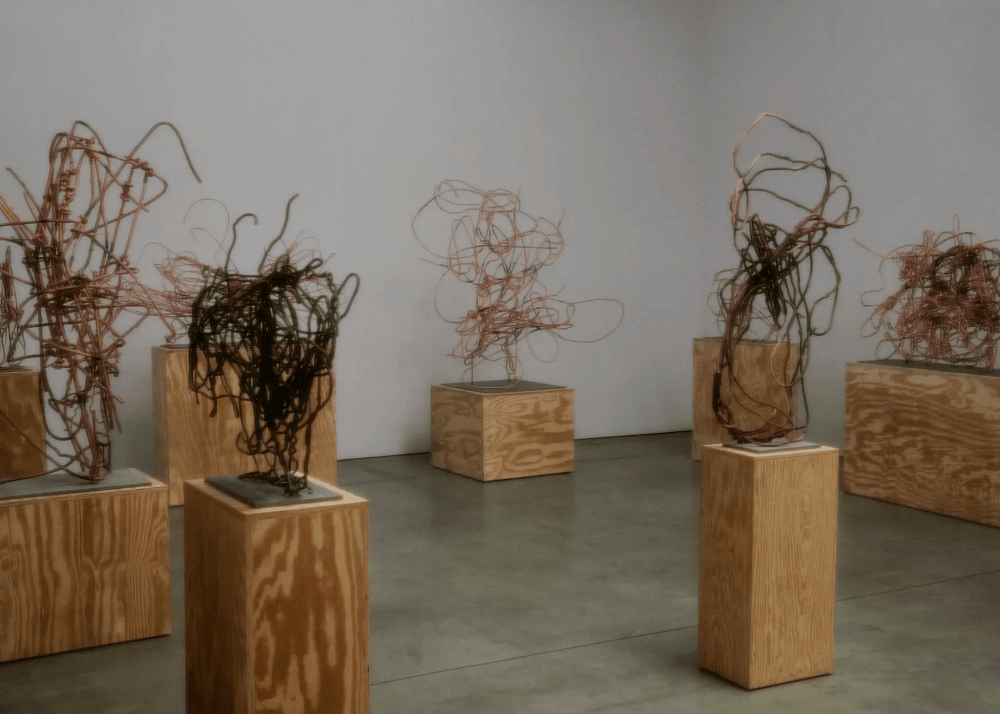 a group of wire sculptures in a gallery space