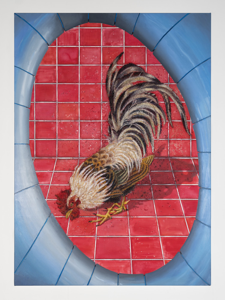 Katz painting of a rooster on red tile