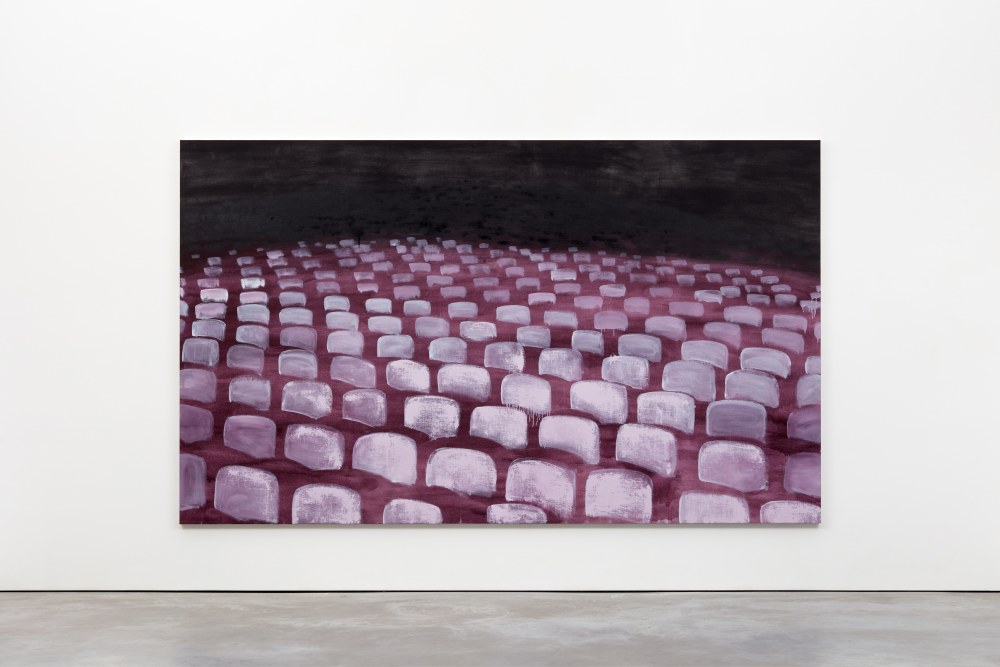 Mohammed Sami, The Parliament Hall, 2022, Mixed media on linen, 137 3/4 x 82 5/8 inches (350 x 210 cm). Photo: Robert Glowacki Photography.