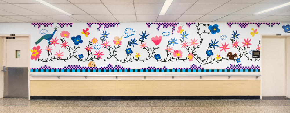 A section of Fable Vine, the new mural by artist Christina Forrer at NYC Health + Hospitals/Coler, features the nursing home&amp;rsquo;s resident therapy dog, Momo, and other animals.