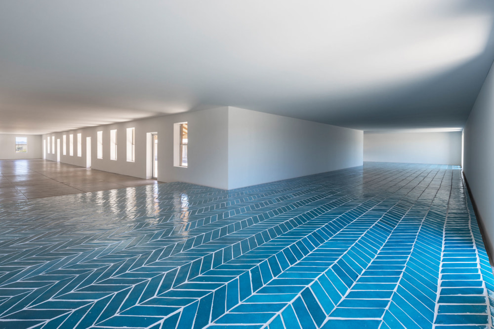 Sarah Crowner,&amp;nbsp;Platform (Blue Green Terracotta for JC), 2022,&amp;nbsp;Installation View of&amp;nbsp;The Chinati Foundation, Marfa, TX.&amp;nbsp;Image courtesy The Chinati Foundation