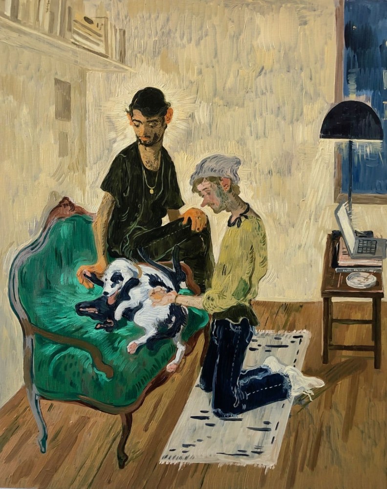 Toor painting of 2 men with dogs