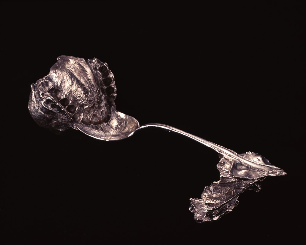 Janine Antoni
Umbilical, 2000
Sterling silver cast of family silverware and negative impression of artist&amp;#39;s mouth and mother&amp;#39;s hand