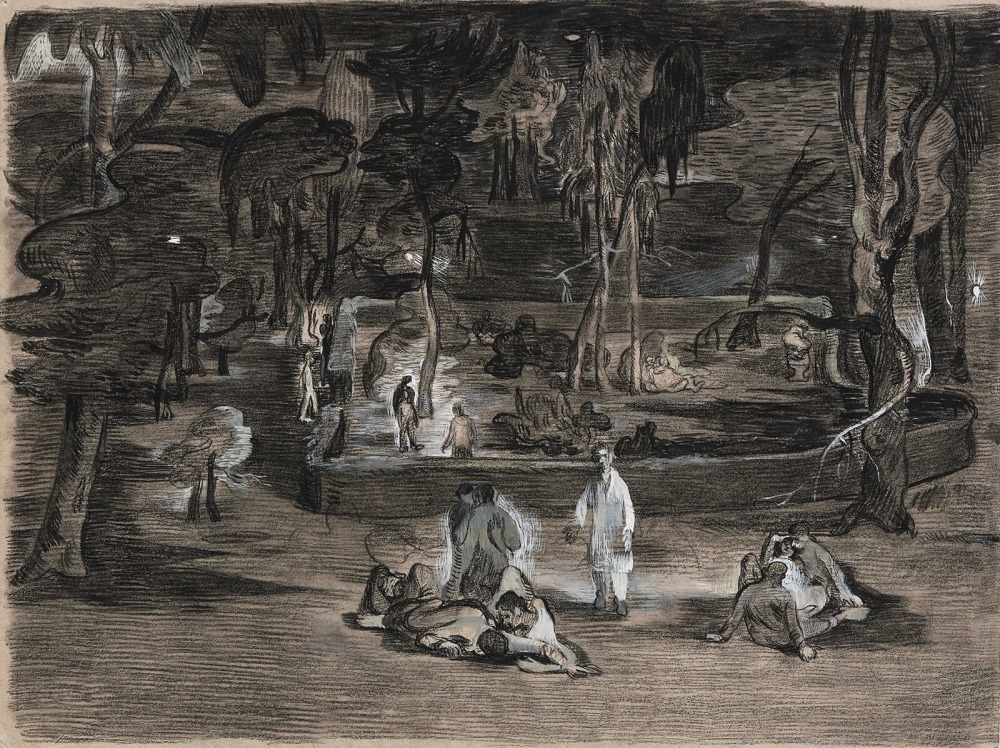 Charcoal and white drawing of an outdoor park scene