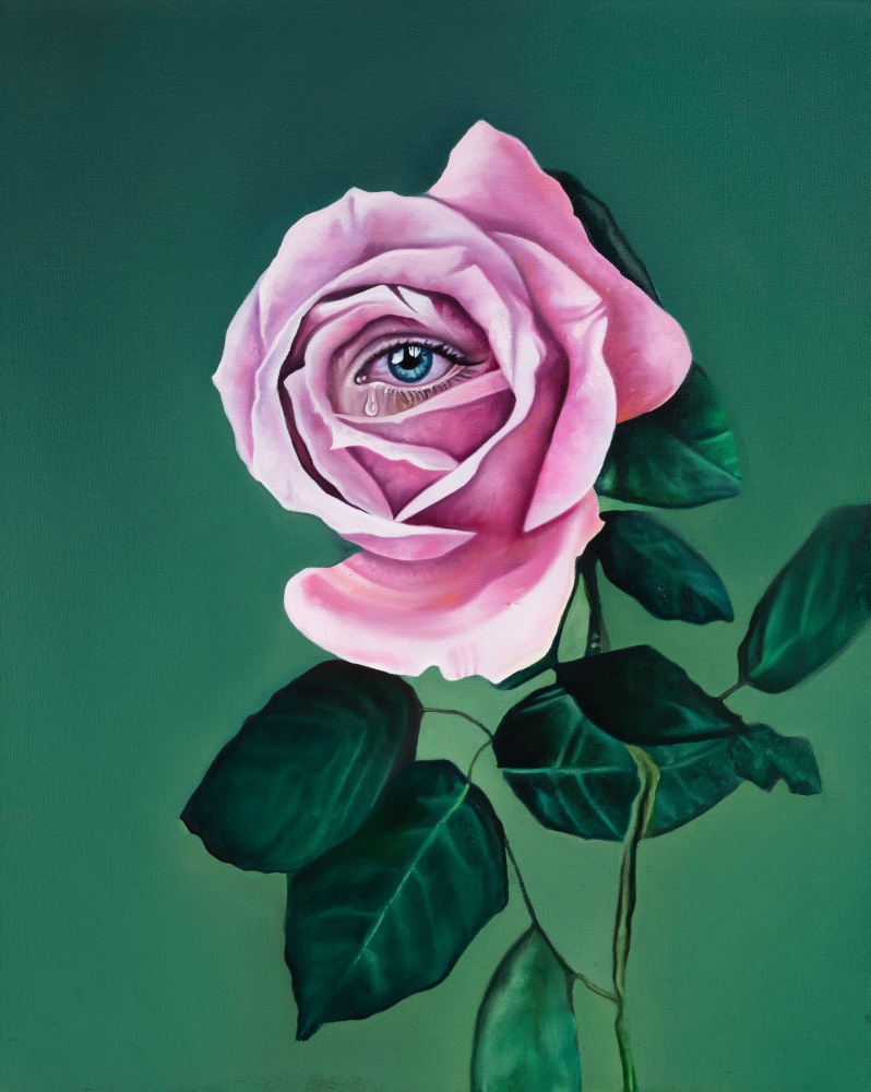 Oil painting of a pink rose with an eye in the center and a green backdrop titled Songs about Roses by Ariana Papademetropoulos