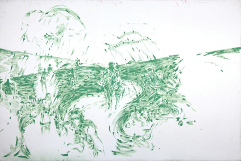 Green and white oil on canvas painting of figures in a landscape by Laurie Anderson