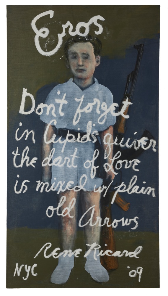 Mixed media on canvas painting of a young boy holding a rifle with the words "Eros" writing in cursive above his head by Rene Ricard