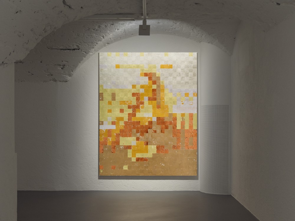 Gold leaf on canvas reimagining of the Mona Lisa by Gus Van Sant