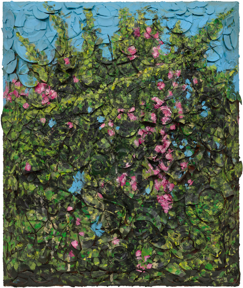 Plate painting of roses by Julian Schnabel
