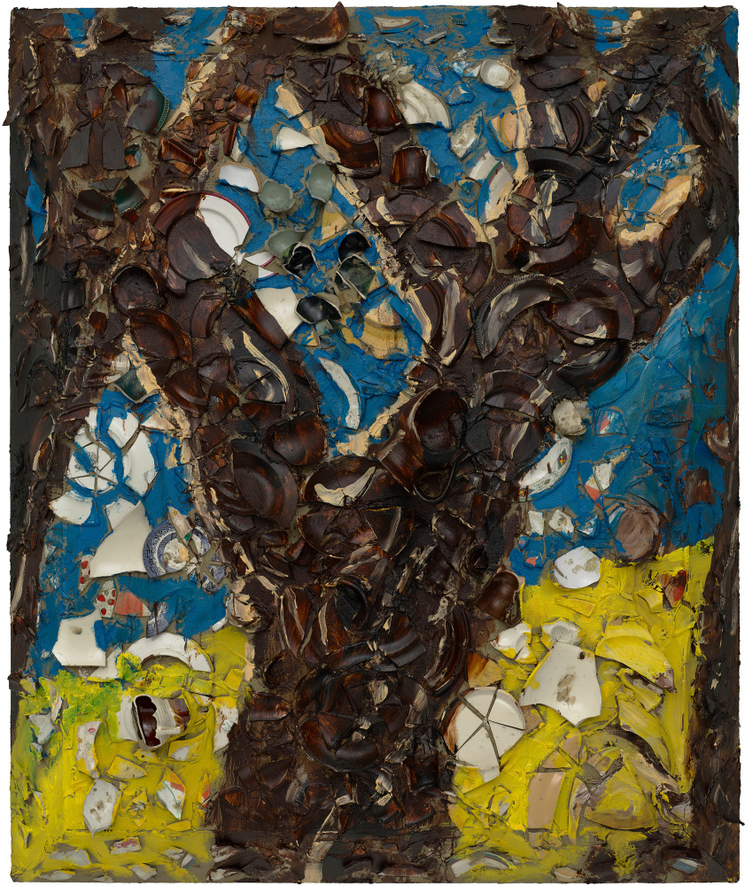 Plate painting of trees by Julian Schnabel