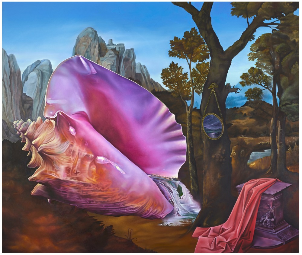 Oil on canvas painting by Ariana Papademetropoulos of an oversized seashell on land
