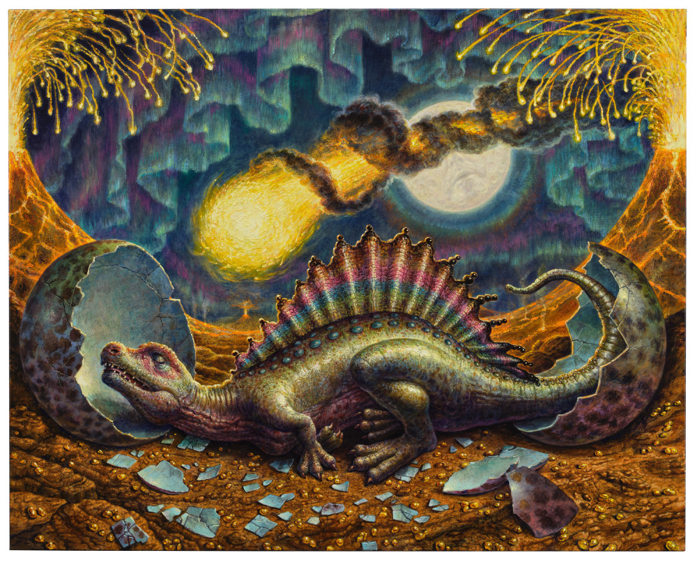 Painting of a dinosaur coming out of an egg by Thomas Woodruff
