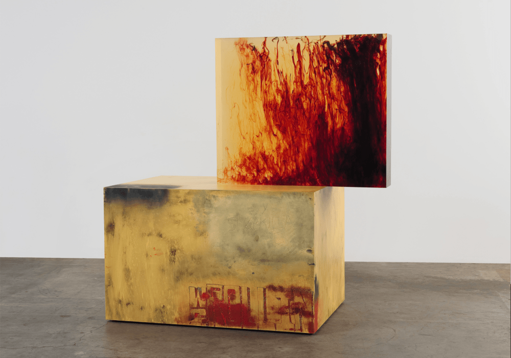 Sterling Ruby’s Acts/WS Rollin (2011), clear urethane block, dye, wood, spray paint, and Formica.