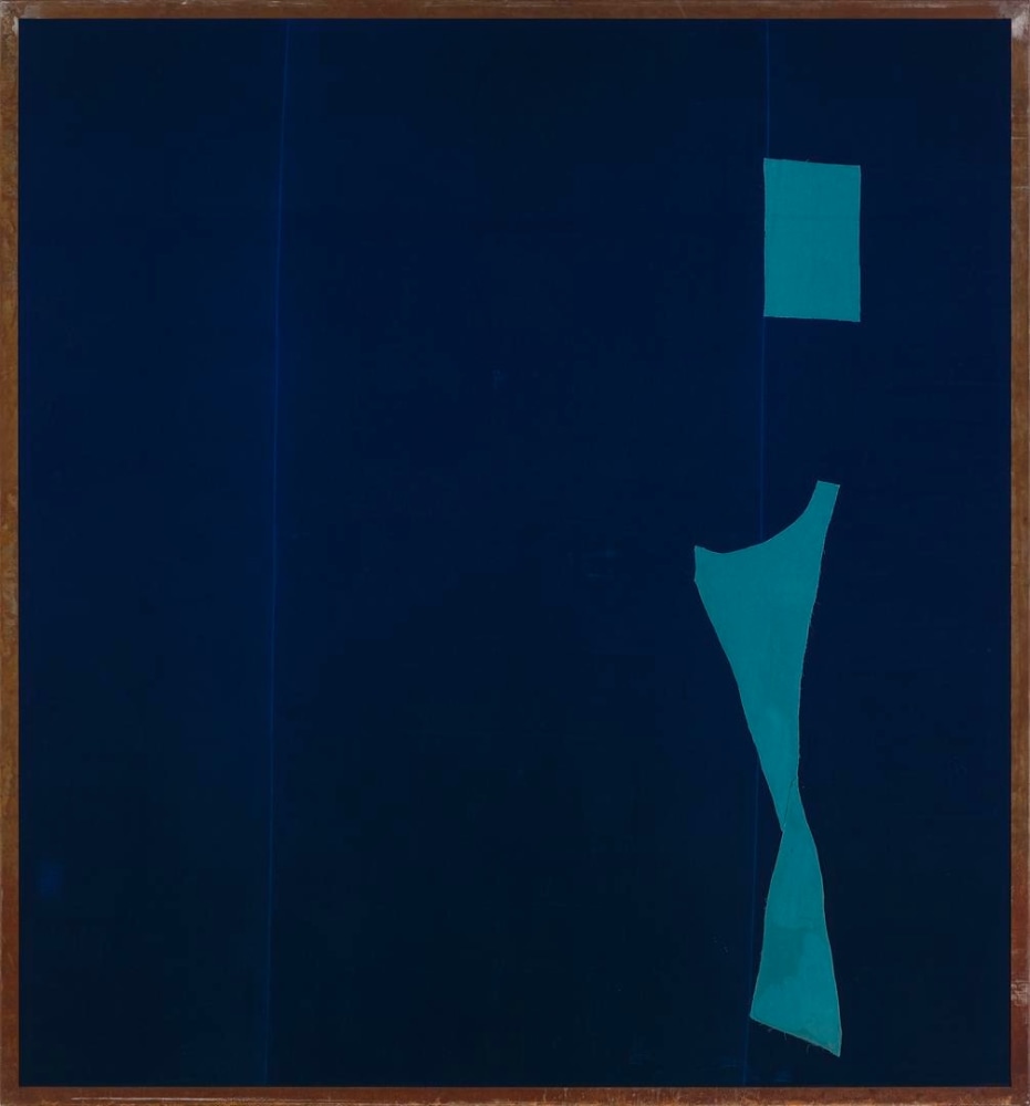 A blue abstract painting on velvet by Julian Schnabel