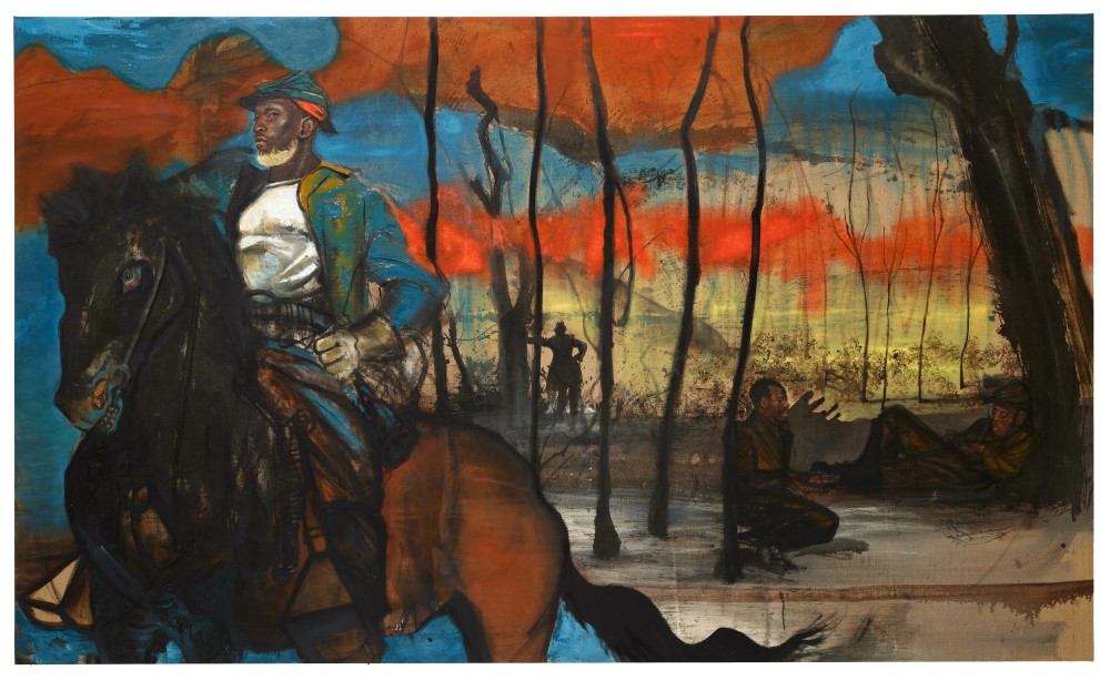 Oil and Japanese Sumi ink on linen painting of a Buffalo solider at dusk by Chaz Guest
