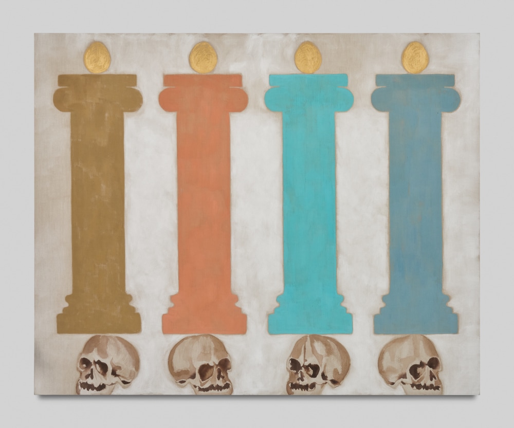 Pigment on linen painting of skulls underneath colored pillars by Francesco Clemente