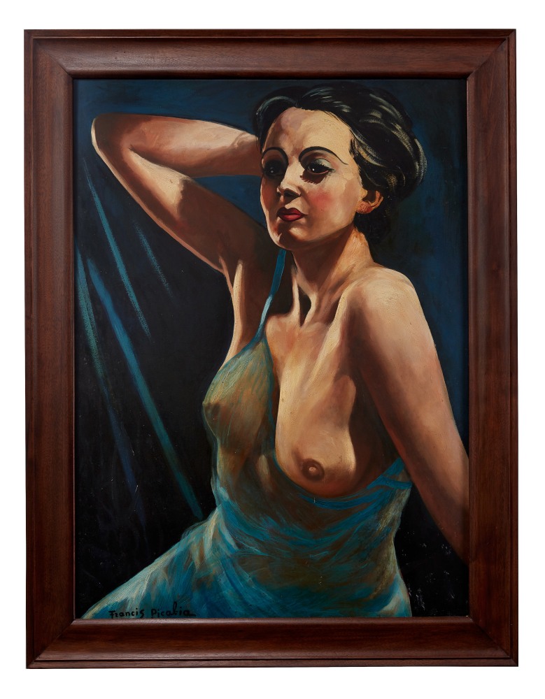 Oil on board painting by Francis Picabia titled Femme á la chemise bleue, 1942-1