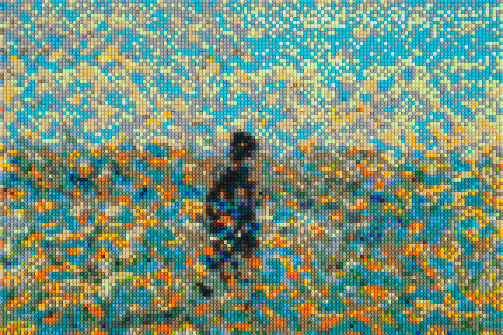 LEGO Brick artwork by Ai Weiwei depicting a dark silhouette in the center and a colorful background