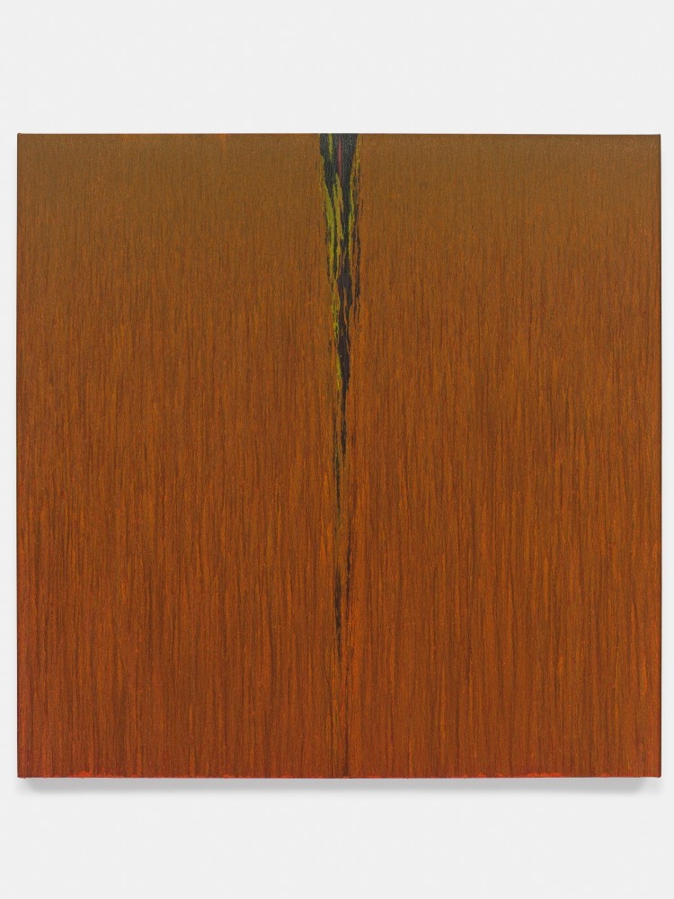 An oil painting by Pat Steir titled Orange One, 2018