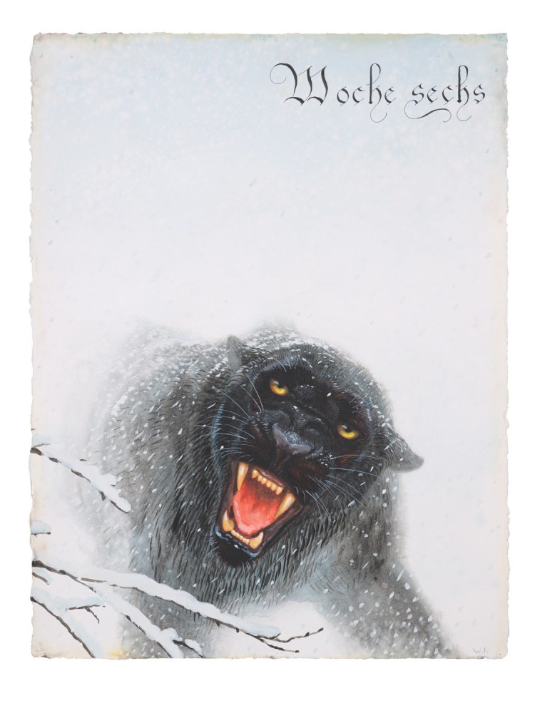 Mixed media painting on paper of a black panther roaring at the viewer in the snowy Swiss Alps by Walton Ford