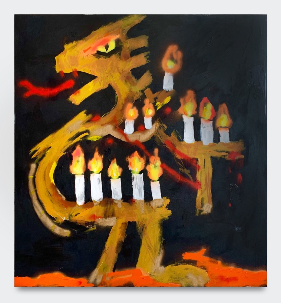 Acrylic and grease pencil painting of a golden dragon with 12 burning candles with a black background by Robert Nava