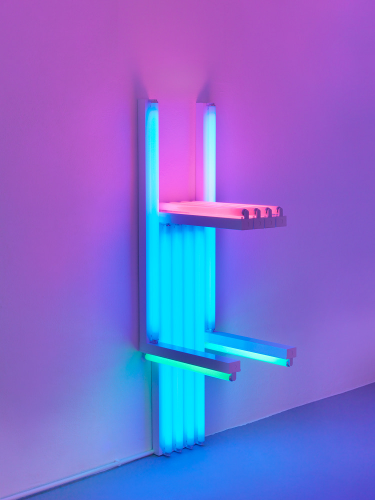 Fluorescent light sculpture in blue, pink and green by Dan Flavin