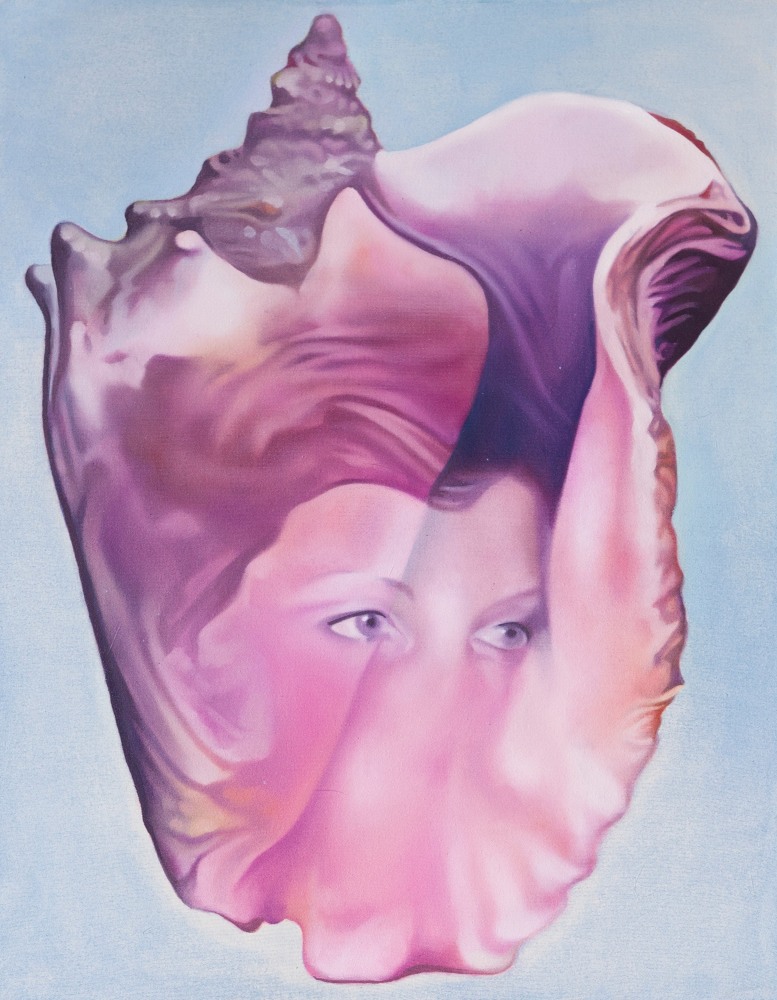 Oil on canvas painting of a pink and purple seashell with a faint image of a face inlayed by Ariana Papademetropoulos