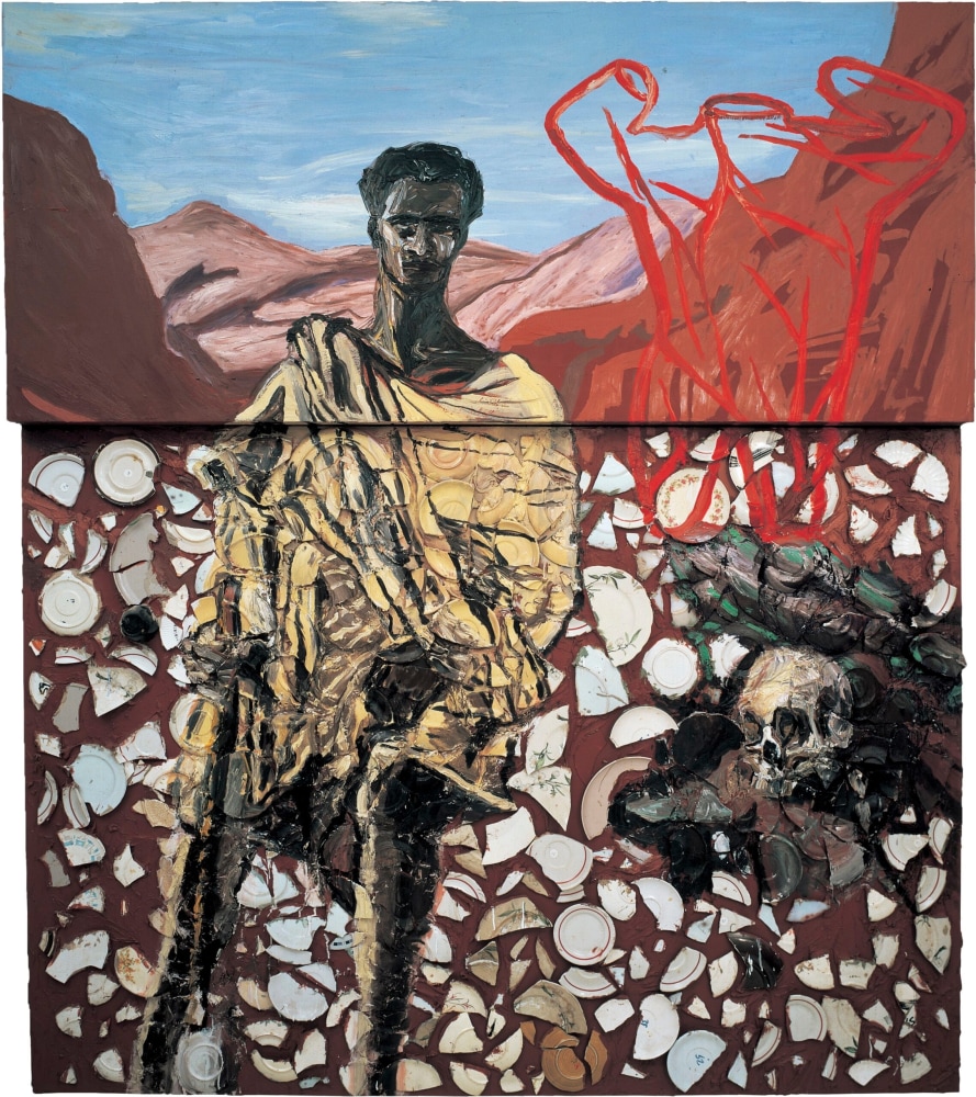 Julian Schnabel  Aborigine Painting, 1980  oil, plates, and Bondo on wood and canvas  96 × 86 inches (243.8 × 218.4 cm)  © Julian Schnabel Studio; Photo by Argenis Apolinario; Courtesy the artist and Vito Schnabel Gallery